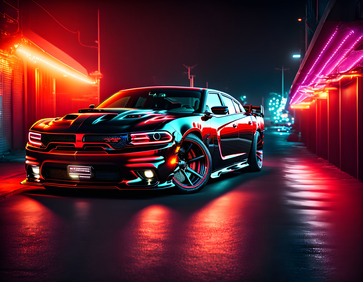 Vibrant city street at night with sleek red and black sports car.