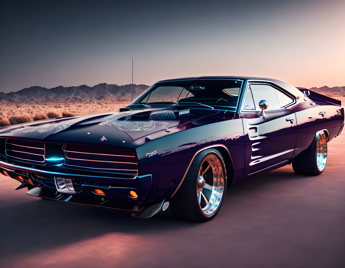 Purple Dodge Charger Muscle Car at Desert Twilight