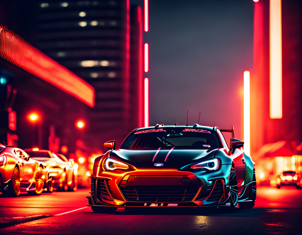 Modified sports car leads row of cars at night with neon city lights