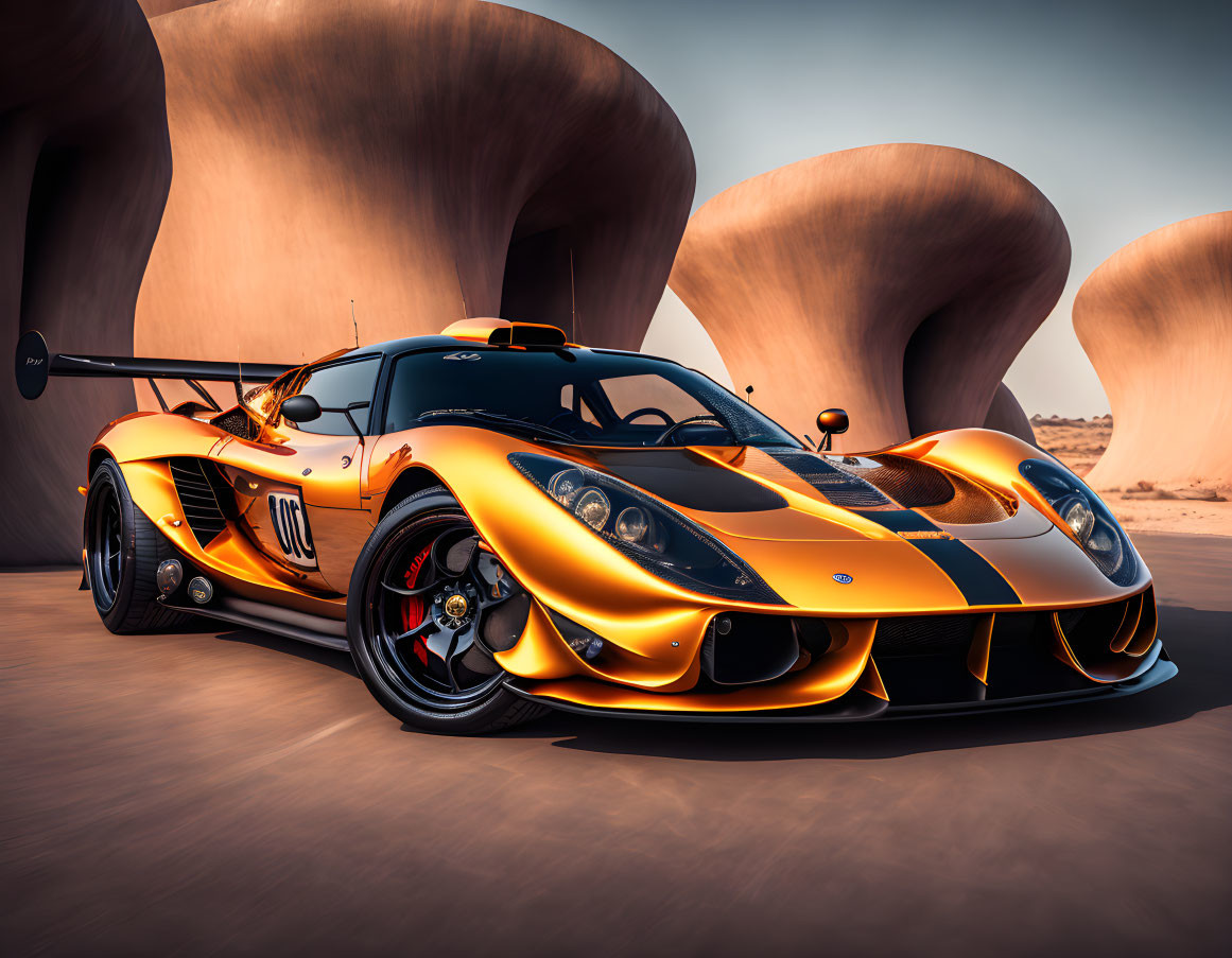 Orange Sports Car with Racing Stripes and Number 001 on Sandy Terrain