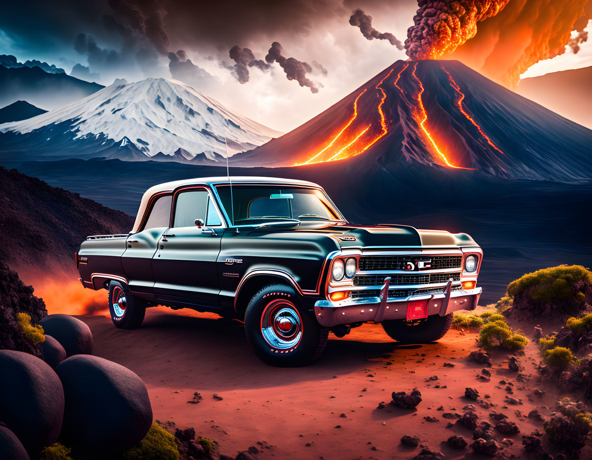 Vintage black pickup truck on rugged terrain with erupting volcano, snowy mountain, and dramatic sky