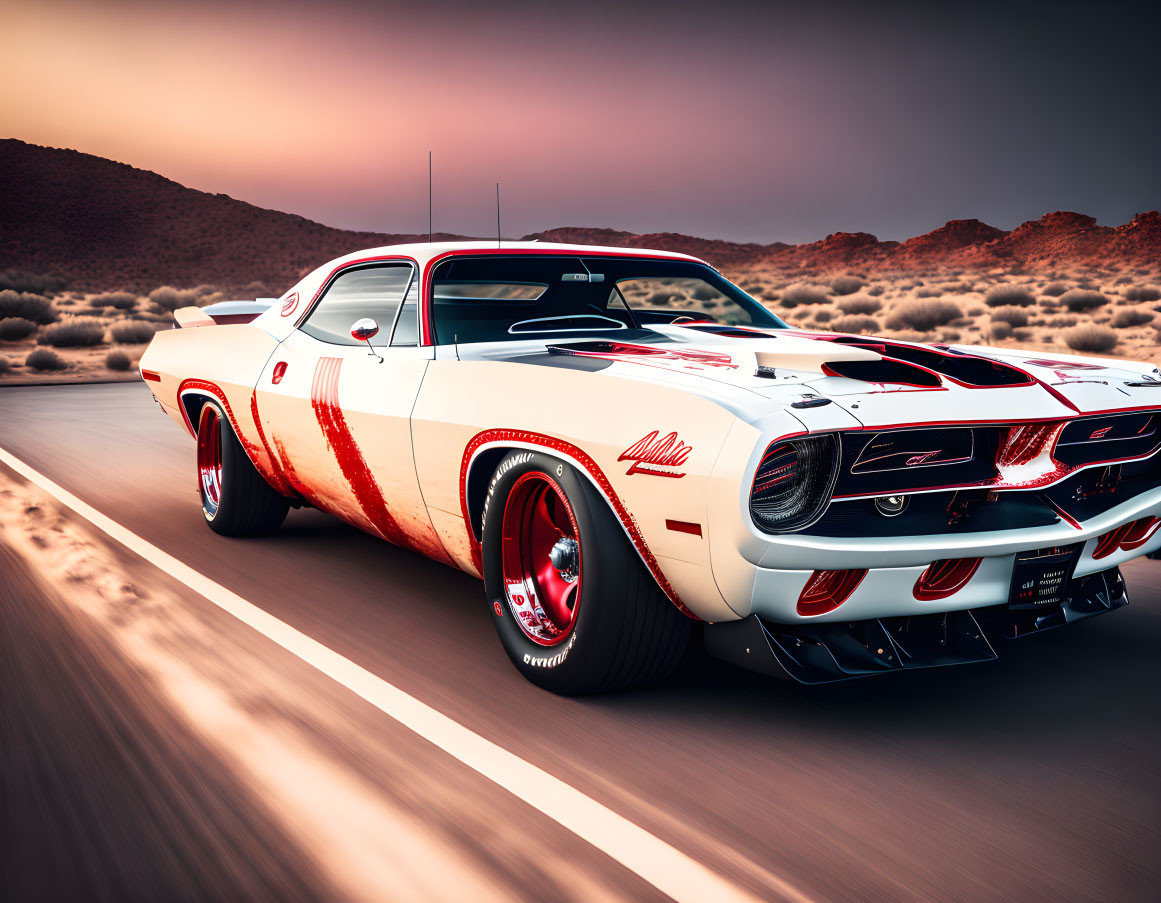 Vintage Muscle Car with Red Stripes Racing in Desert Sunset