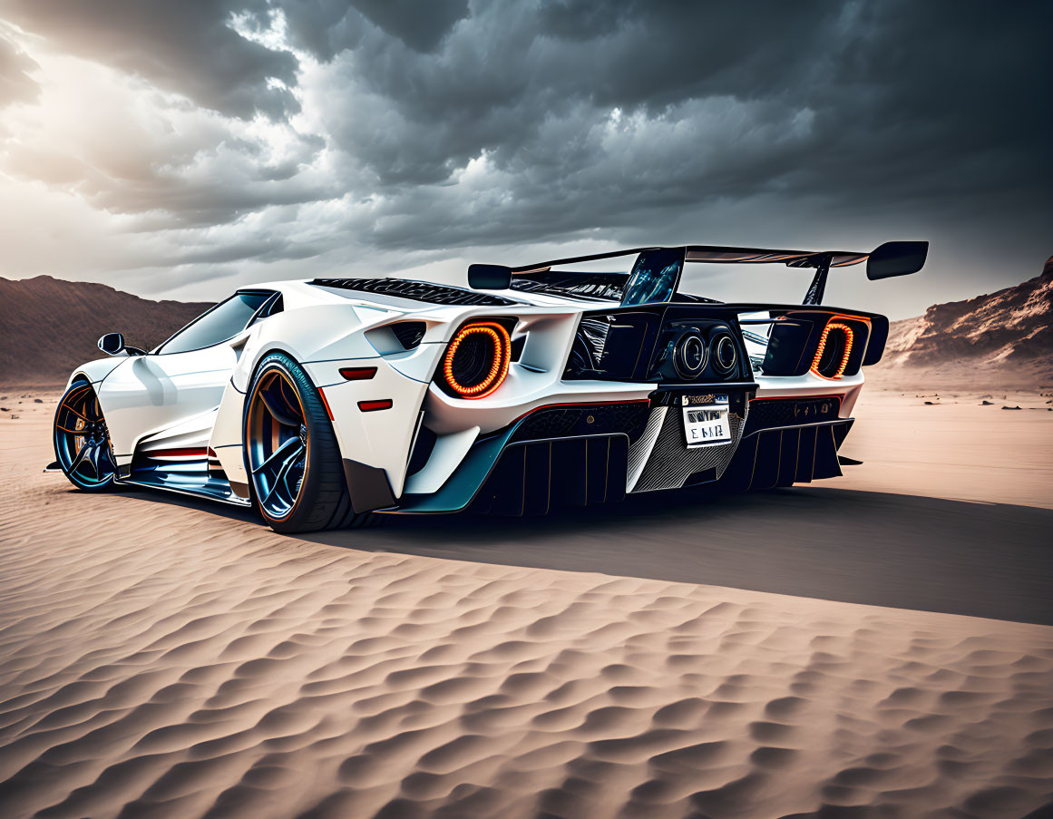 Luxury sports cars parked on desert road under dramatic cloudy sky