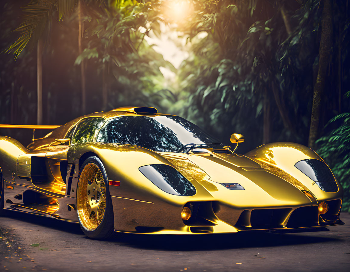 Luxury Golden Sports Car on Forest Road with Sun Rays
