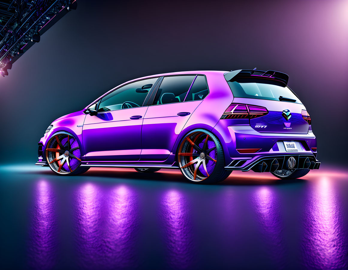 Customized purple Volkswagen Golf GTI with neon-lit backdrop and reflective ground.