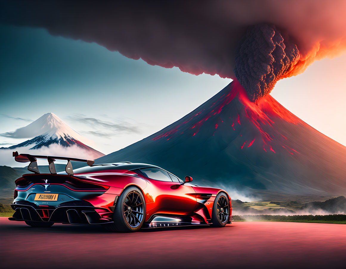 Red Sports Car with Black Roof Parked by Erupting Volcano