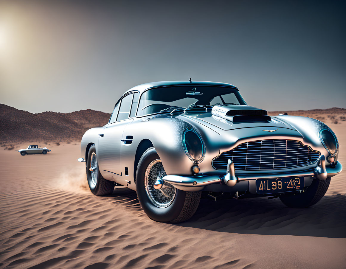 Vintage Silver Sports Car Driving in Desert with Dust Trail, Second Car in Background under Hazy Sky