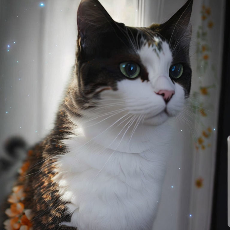 Black and White Cat with Green Eyes and Orange Fur Near Window with Twinkling Lights and Flowers