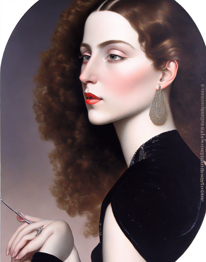 Hyper-realistic portrait of a woman with auburn hair, red lips, black dress, and