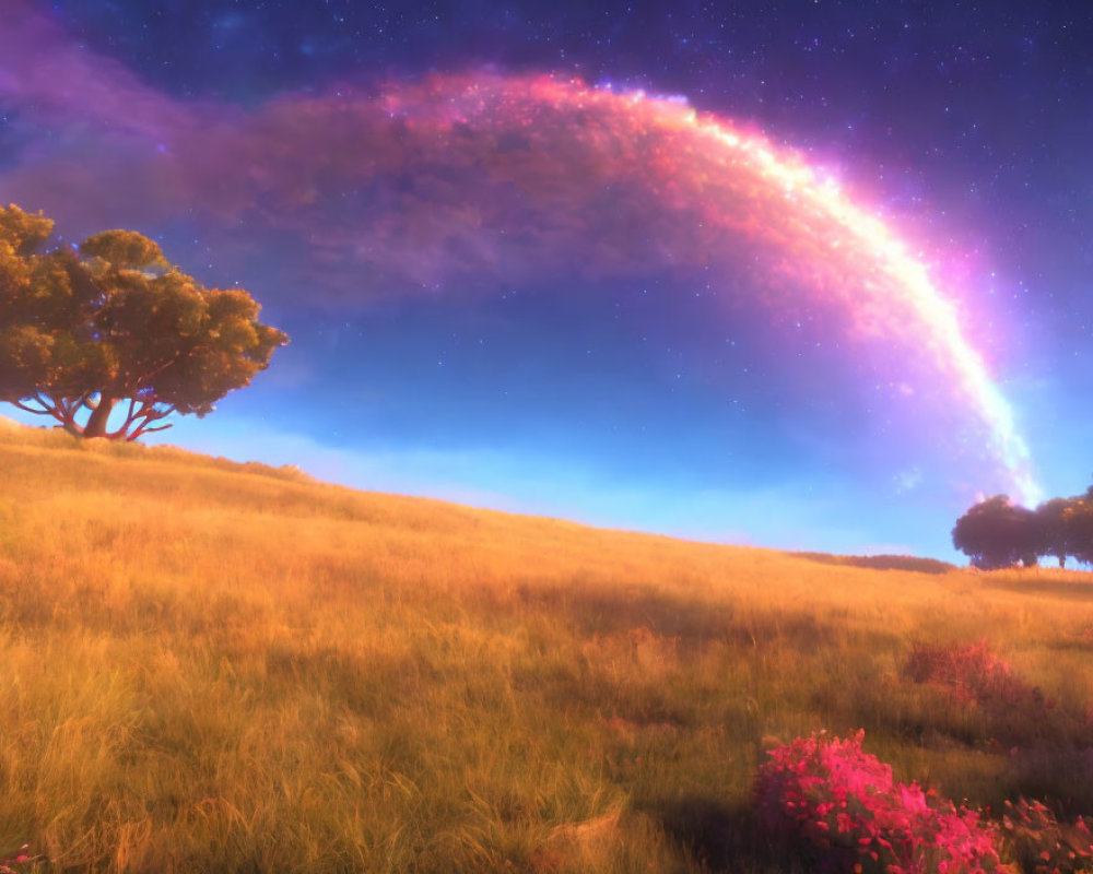 Twilight landscape with starry sky, golden grass, trees, and pink flowers