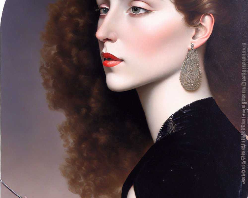 Hyper-realistic portrait of a woman with auburn hair, red lips, black dress, and