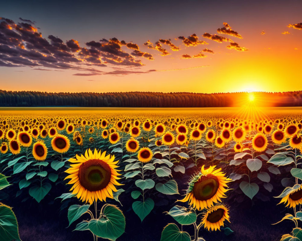 Vibrant sunset over sunflower field with warm sunlight and treeline horizon