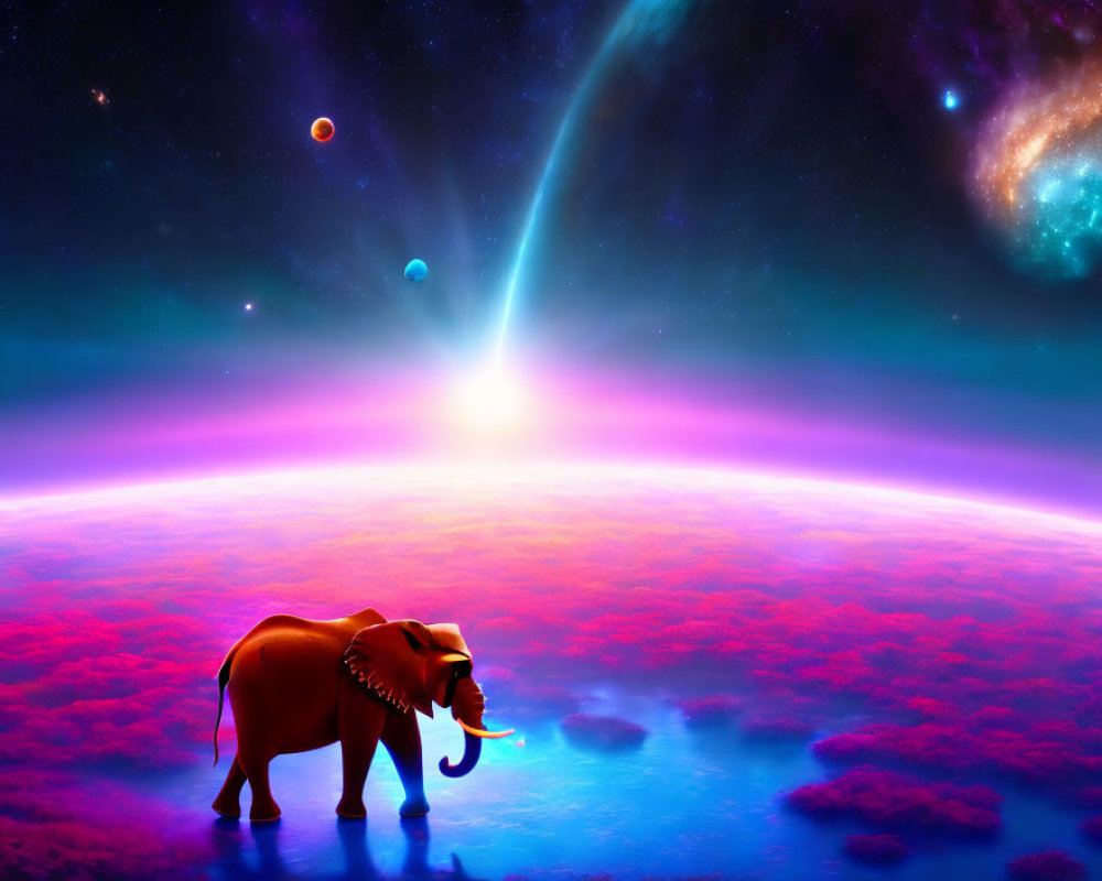 Elephant on Cloudy Surface with Cosmic Background and Planets
