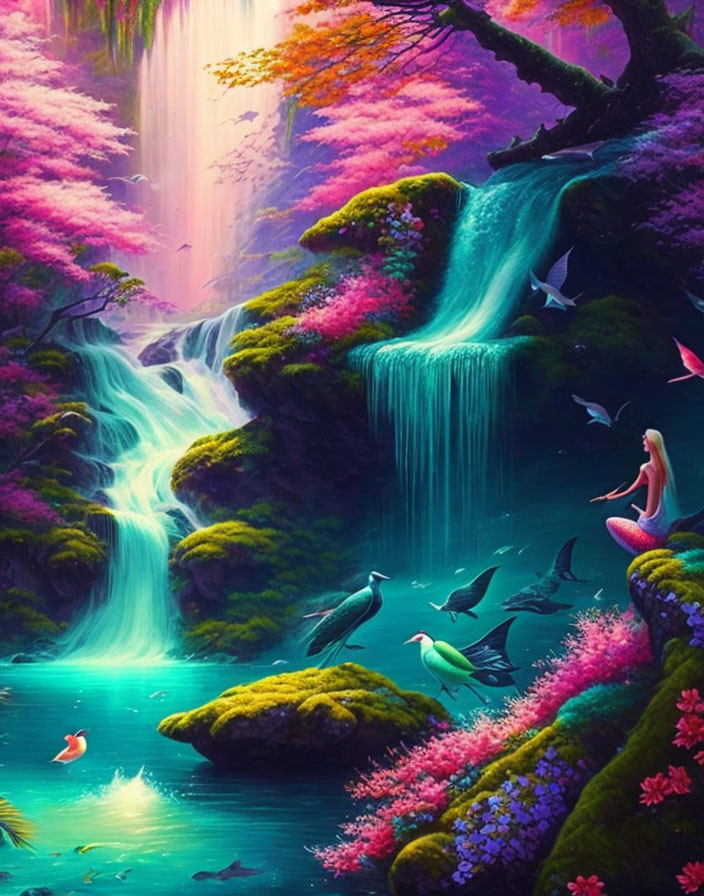 Colorful Fantasy Scene: Waterfall, Mermaid, Hummingbirds in Magical Forest