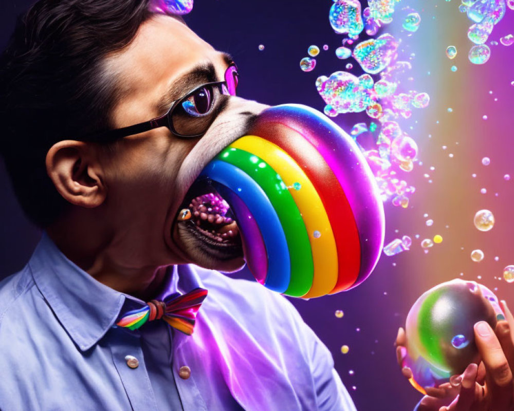 Person exhales vibrant rainbow colors and bubbles against dark backdrop.