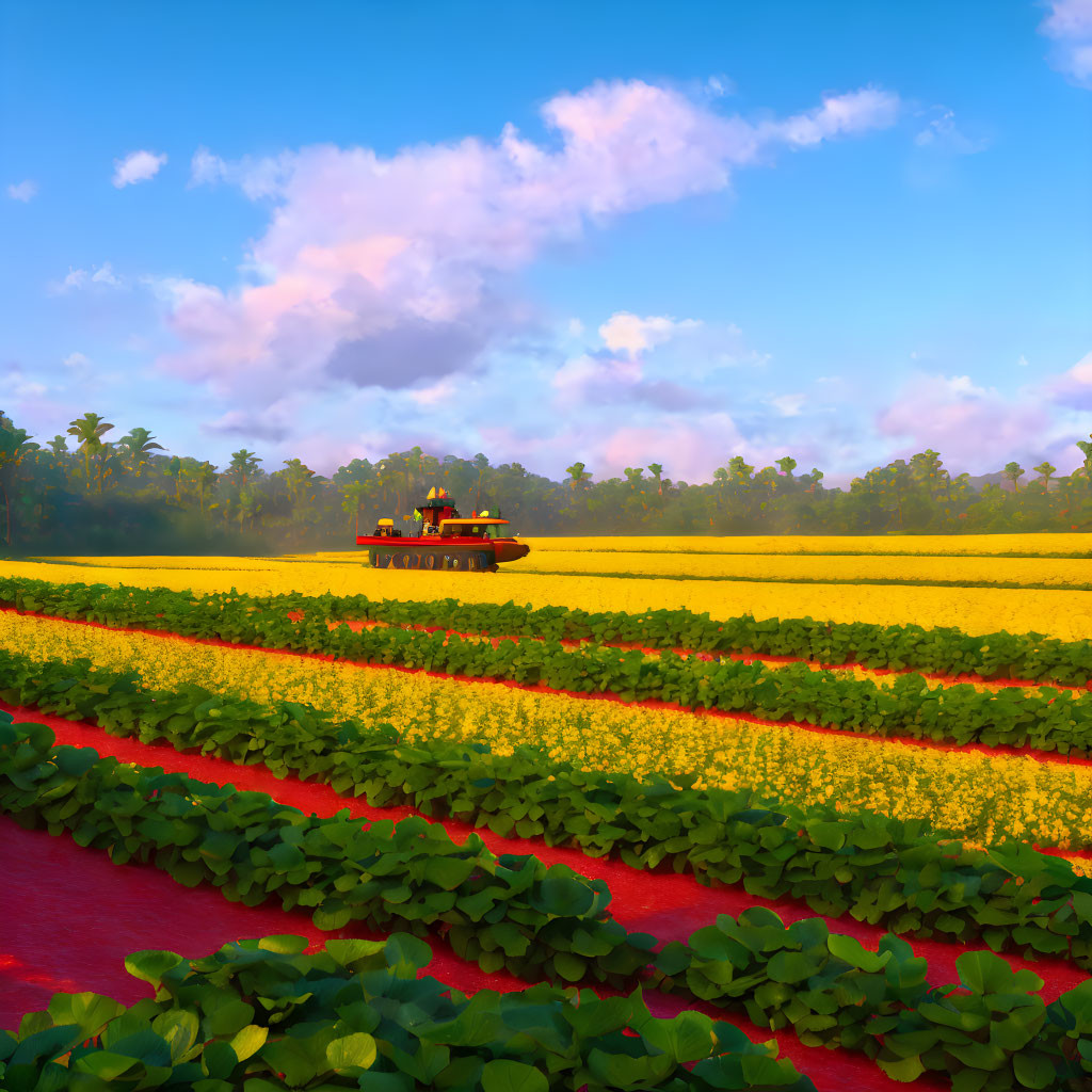 Vibrant farm scene: tractor harvesting crops in green and red rows