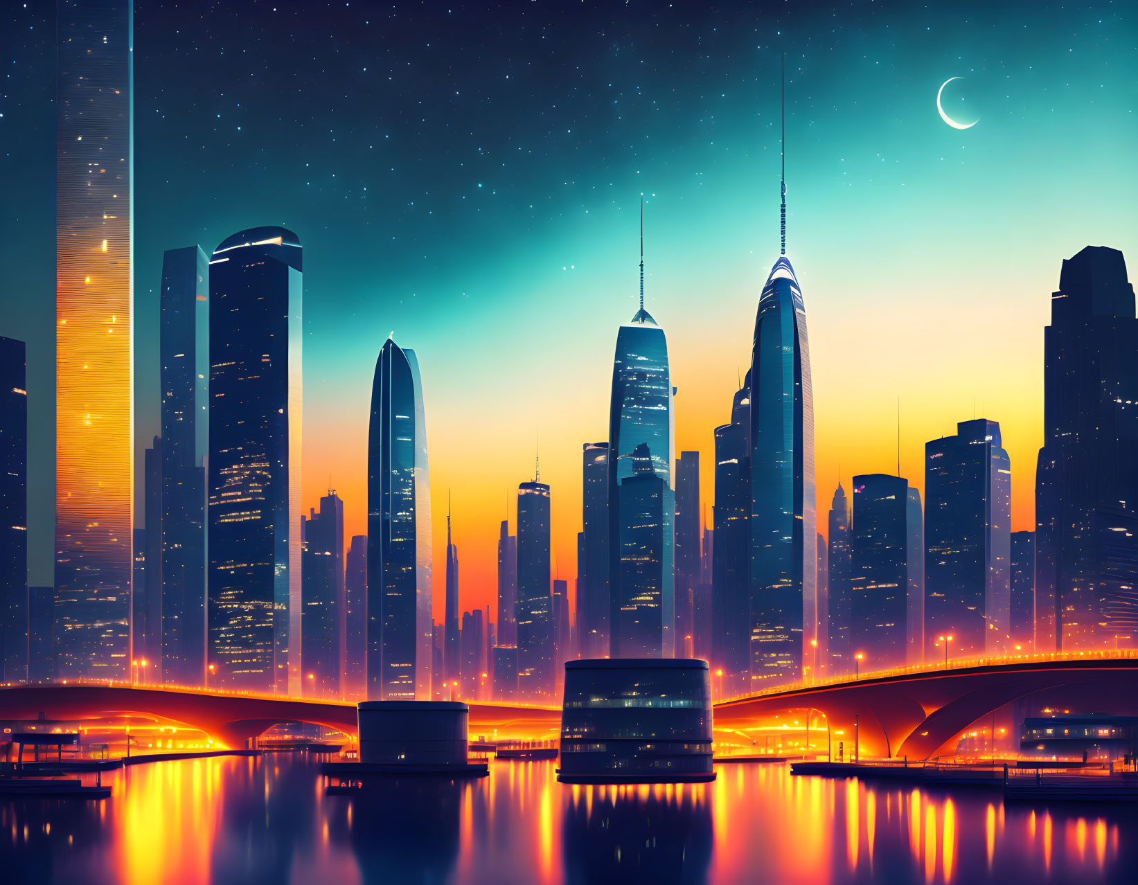 Futuristic city skyline at twilight with illuminated skyscrapers, bridges, and starry sky