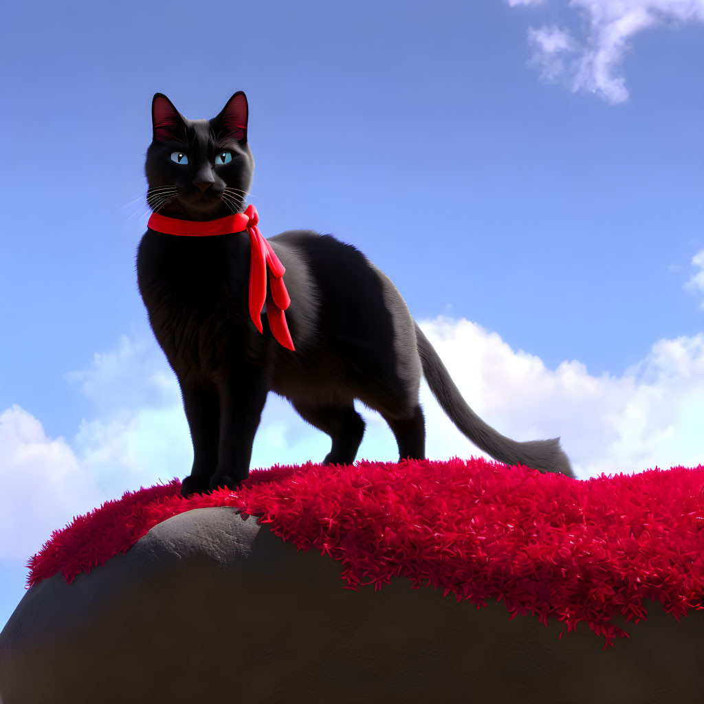 Black Cat with Red Scarf on Plush Surface Under Blue Sky