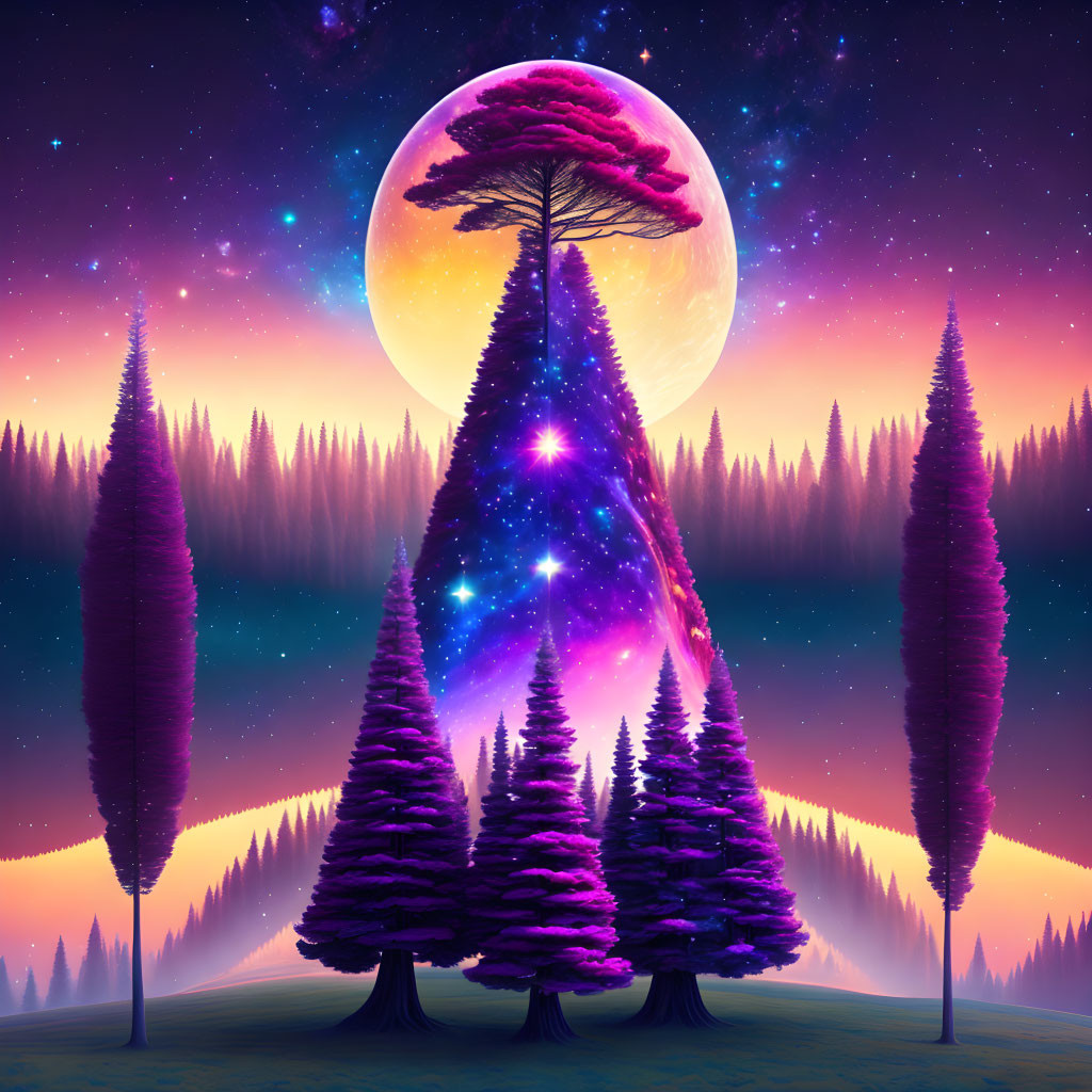 Surreal landscape with purple trees under starry sky and large moon