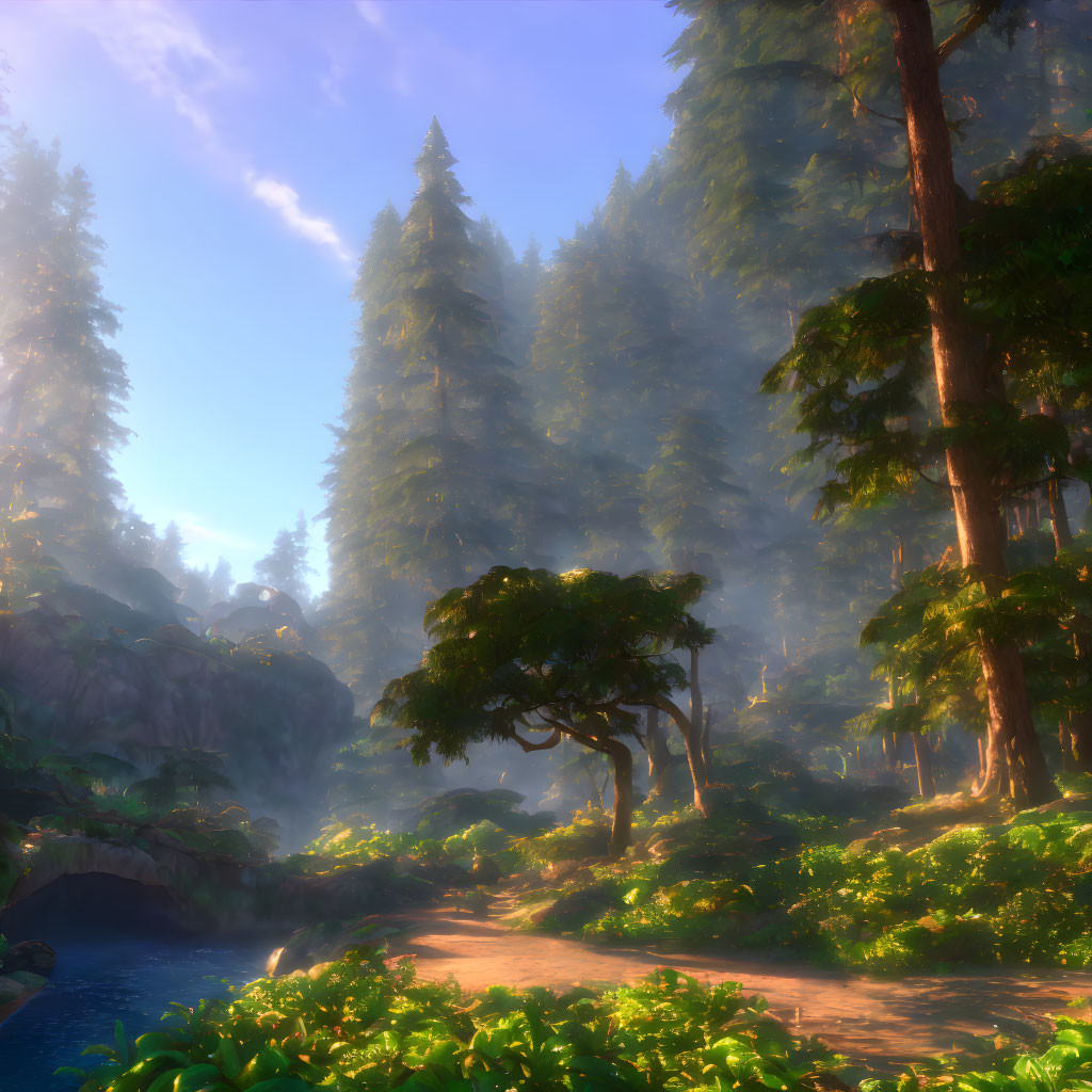 Tranquil forest scene with towering trees, sunlight, mist, stream, and path