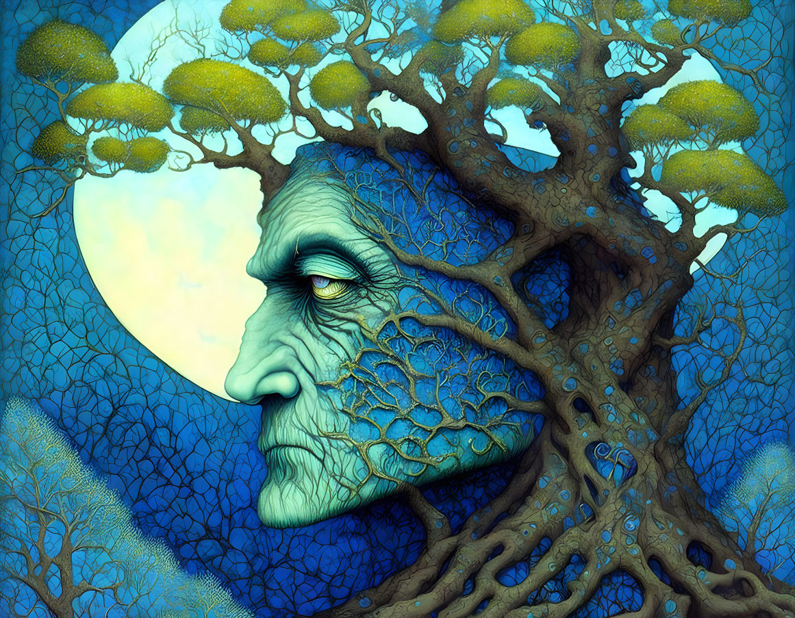Surreal illustration: Tree merging with human face profile under moonlit sky