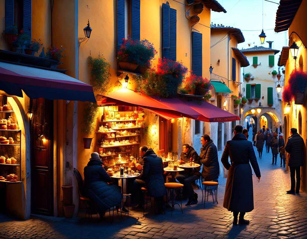 European Street Scene: Cozy Outdoor Dining and Bakery Displaying Breads