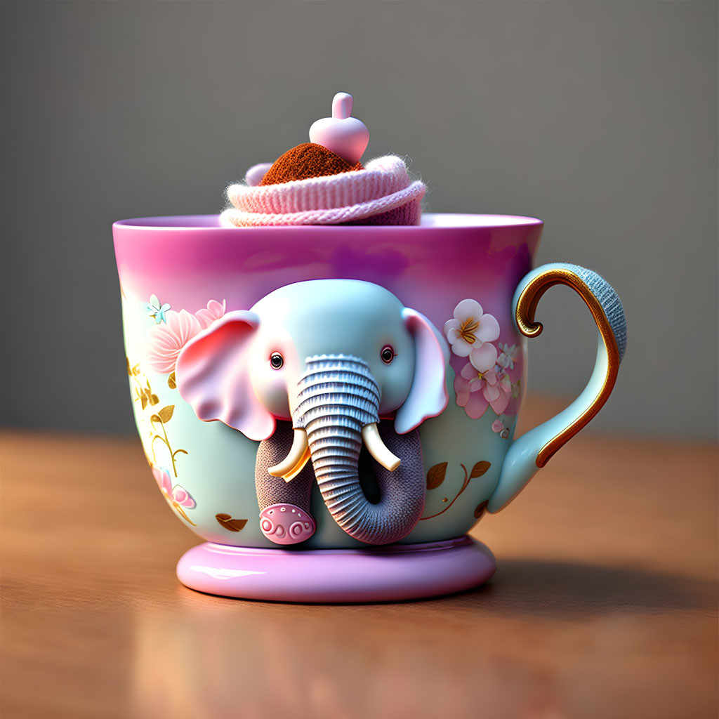 Pink teacup with elephant illustration and cupcake lid on wooden surface