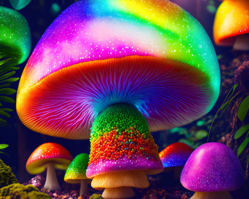 Multicolored Luminescent Fantasy Mushrooms in Mystical Forest