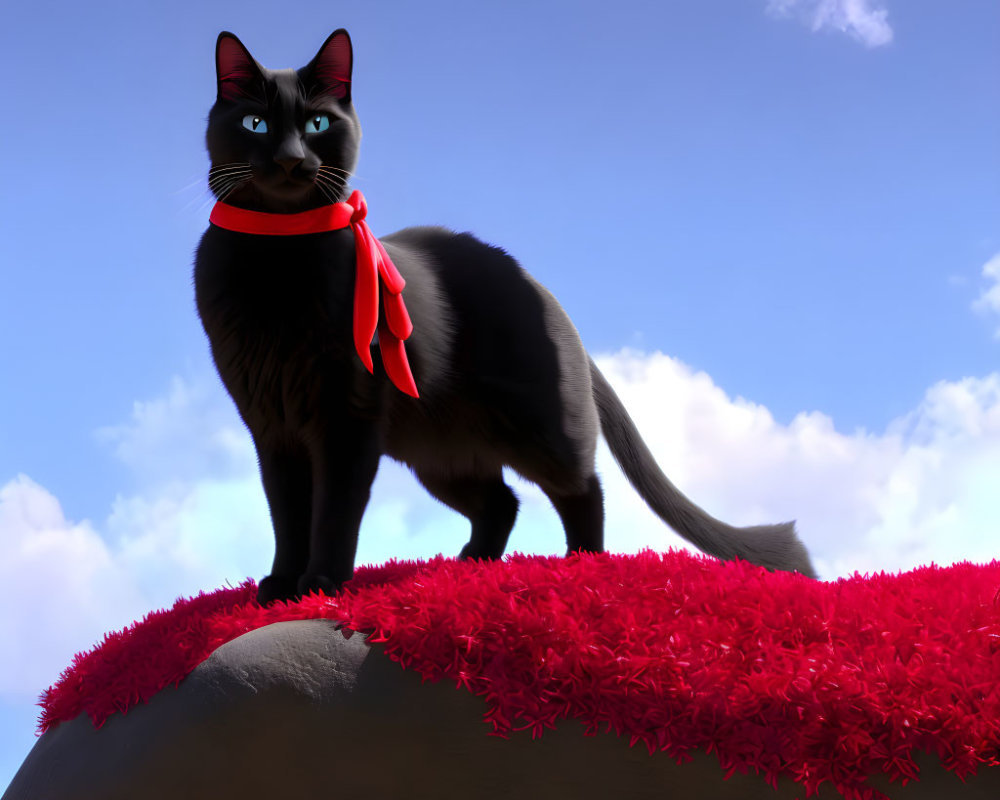 Black Cat with Red Scarf on Plush Surface Under Blue Sky