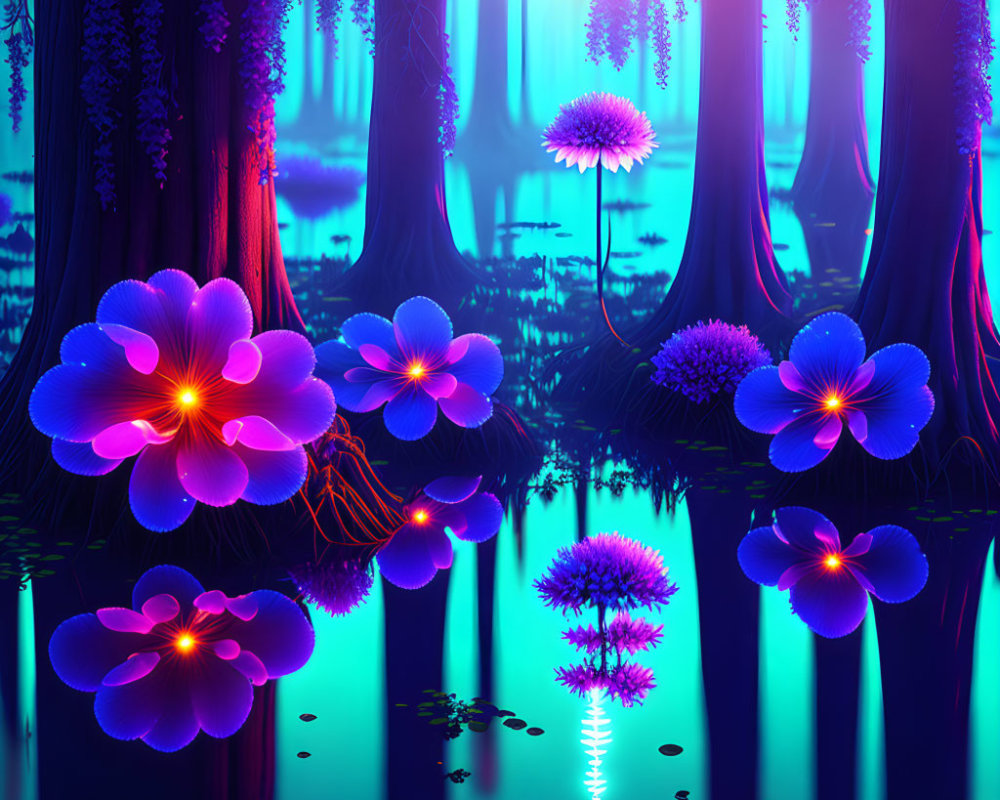 Mystical forest with neon flowers, blue water, purple trees