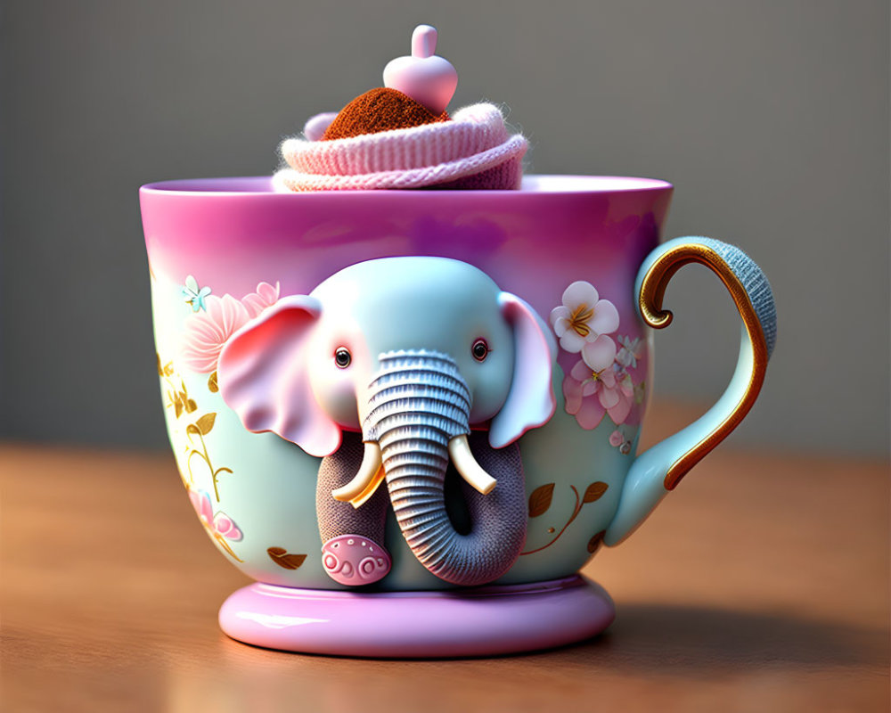 Pink teacup with elephant illustration and cupcake lid on wooden surface