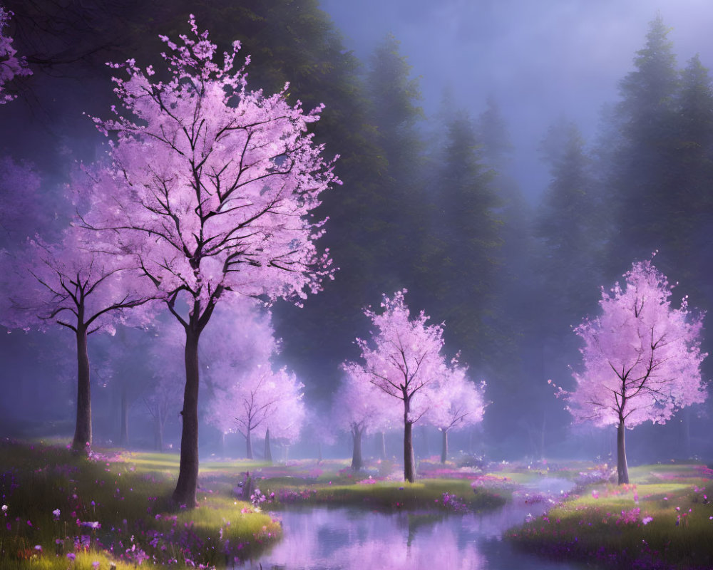 Tranquil Cherry Blossom Landscape by River in Mystical Forest