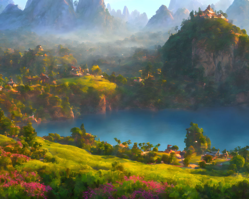 Tranquil landscape with lake, meadows, village, temple, and mountains