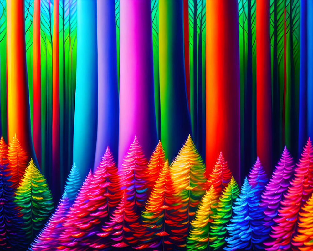 Colorful digital artwork: Vibrant forest with stylized trees in pink, blue, and green.