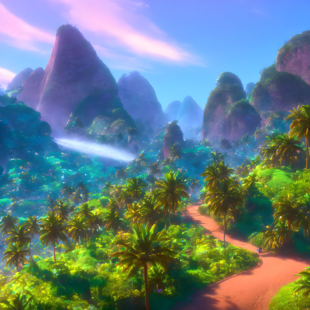 Tropical Forest Landscape with Misty Peaks and Dirt Path