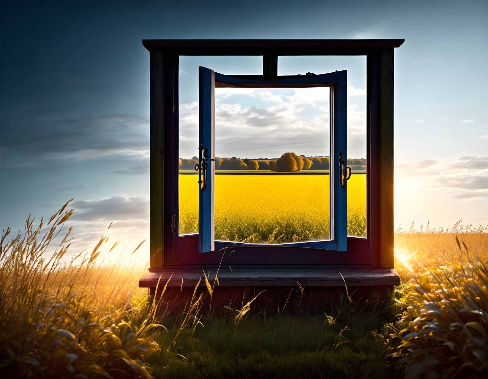Scenic window view of sunset over wheat field