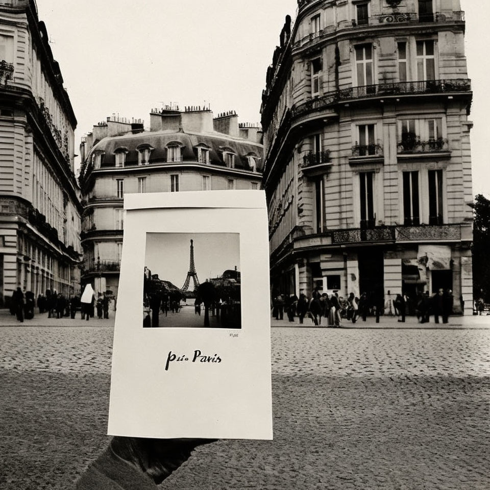 Photograph blending Eiffel Tower into Paris street scene.