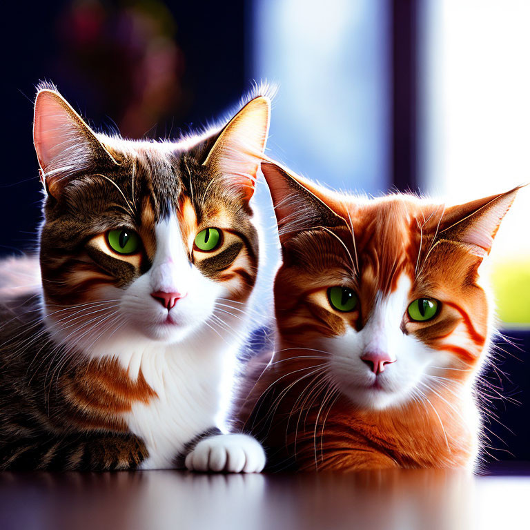 Two domestic cats with green eyes, one calico and one ginger, sitting together in soft backlight.