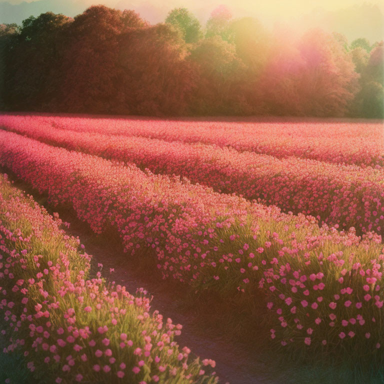 Field of Vibrant Pink Flowers Under Warm Sunset Glow