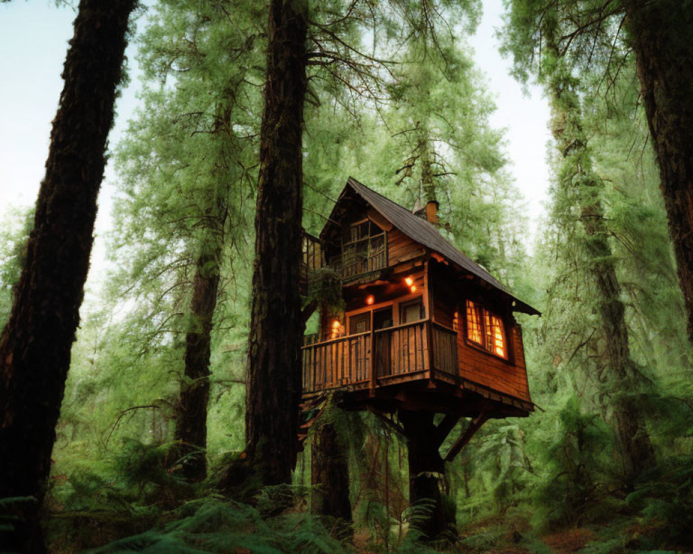 Cozy Treehouse with Lit Windows in Moss-Covered Forest