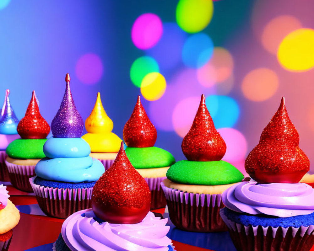 Vibrant Cupcakes with Sparkly Icing on Colorful Background