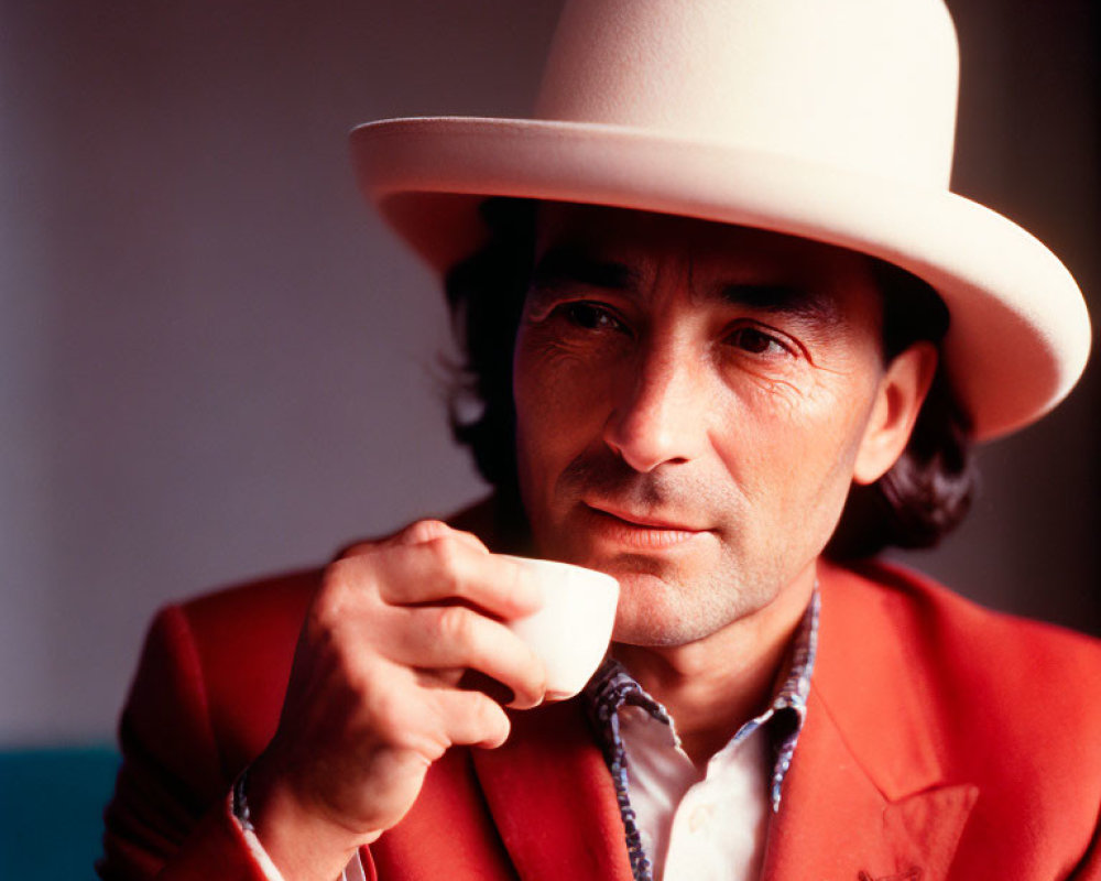 Man in Red Suit Sipping from White Cup on Colorful Background