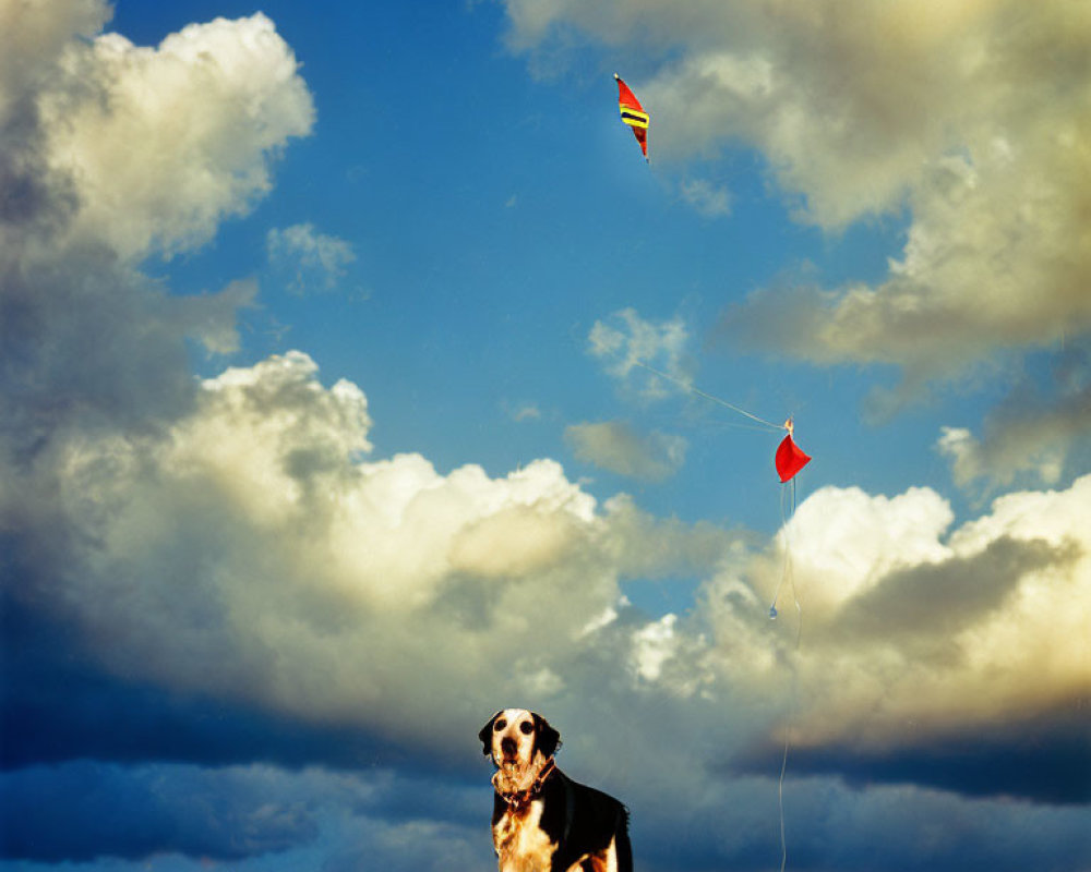 Dog sitting under dynamic sky watching colorful kite on hilltop
