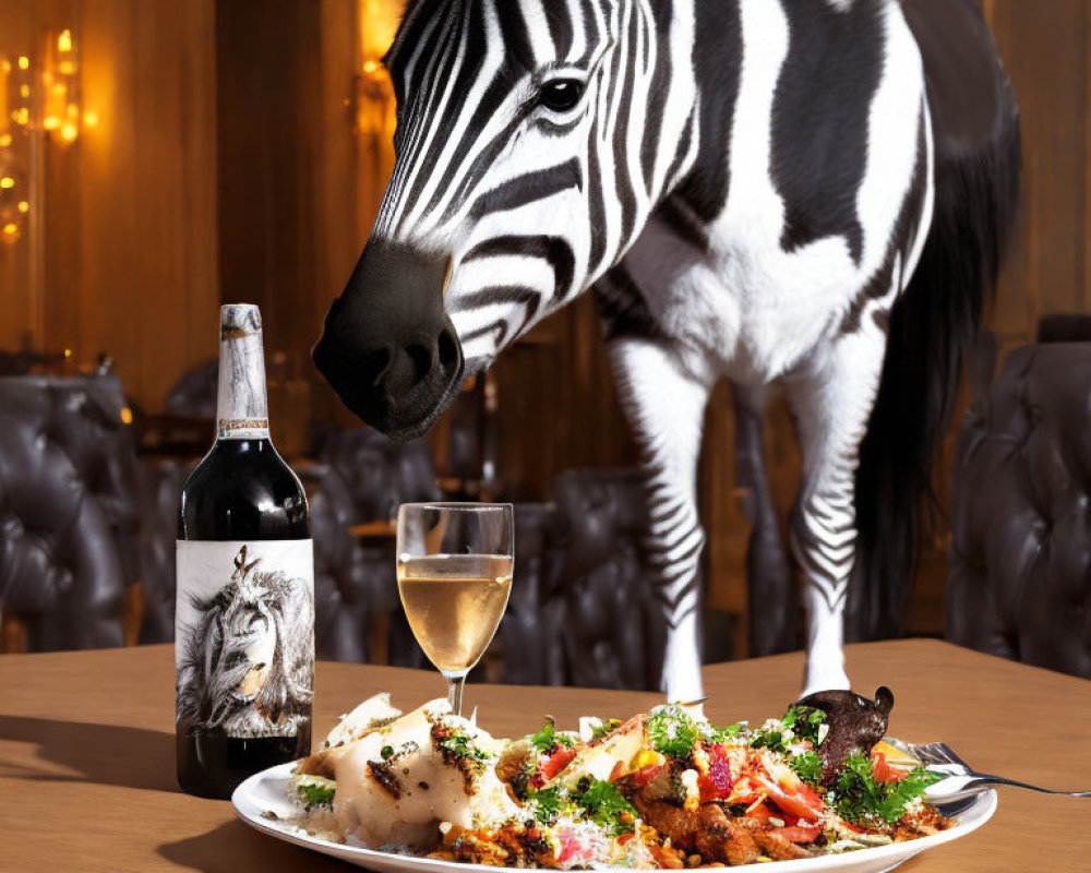 Zebra in elegant dining room with gourmet meal and wine bottle