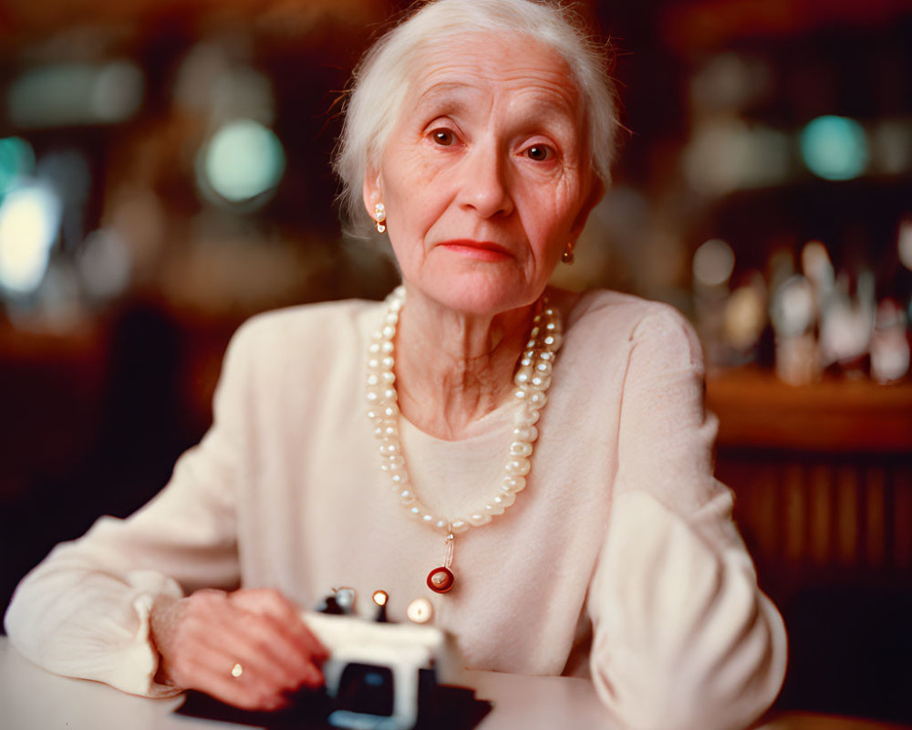Elderly Woman in Cream Sweater with Vintage Camera at Table