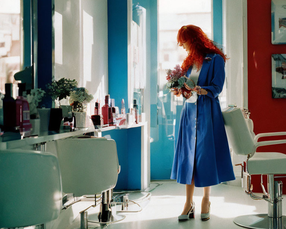Woman in Blue Robe Holding Flowers in Brightly Lit Salon