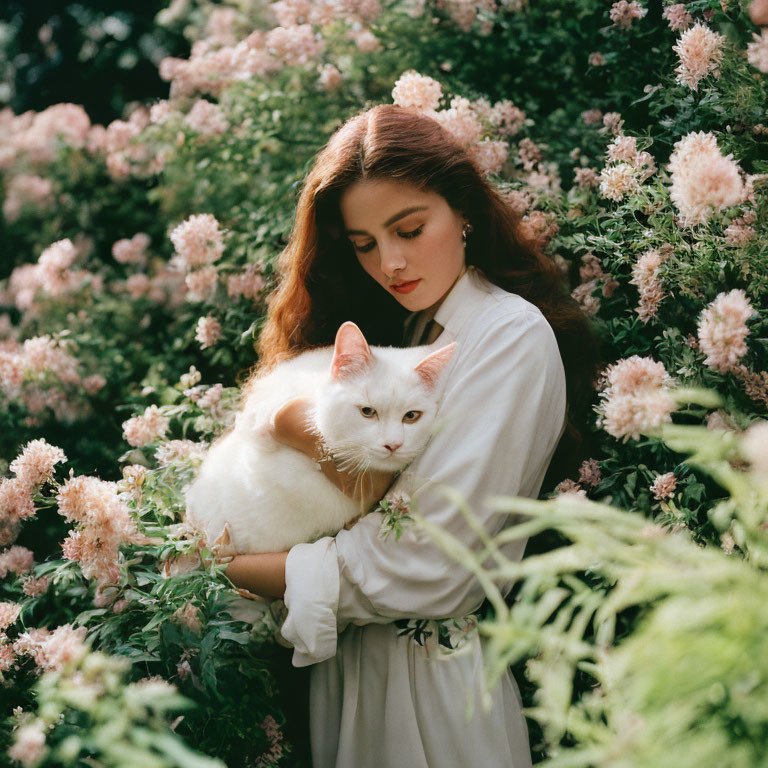 Red-Haired Woman Holding White Cat in Pink Flower Field