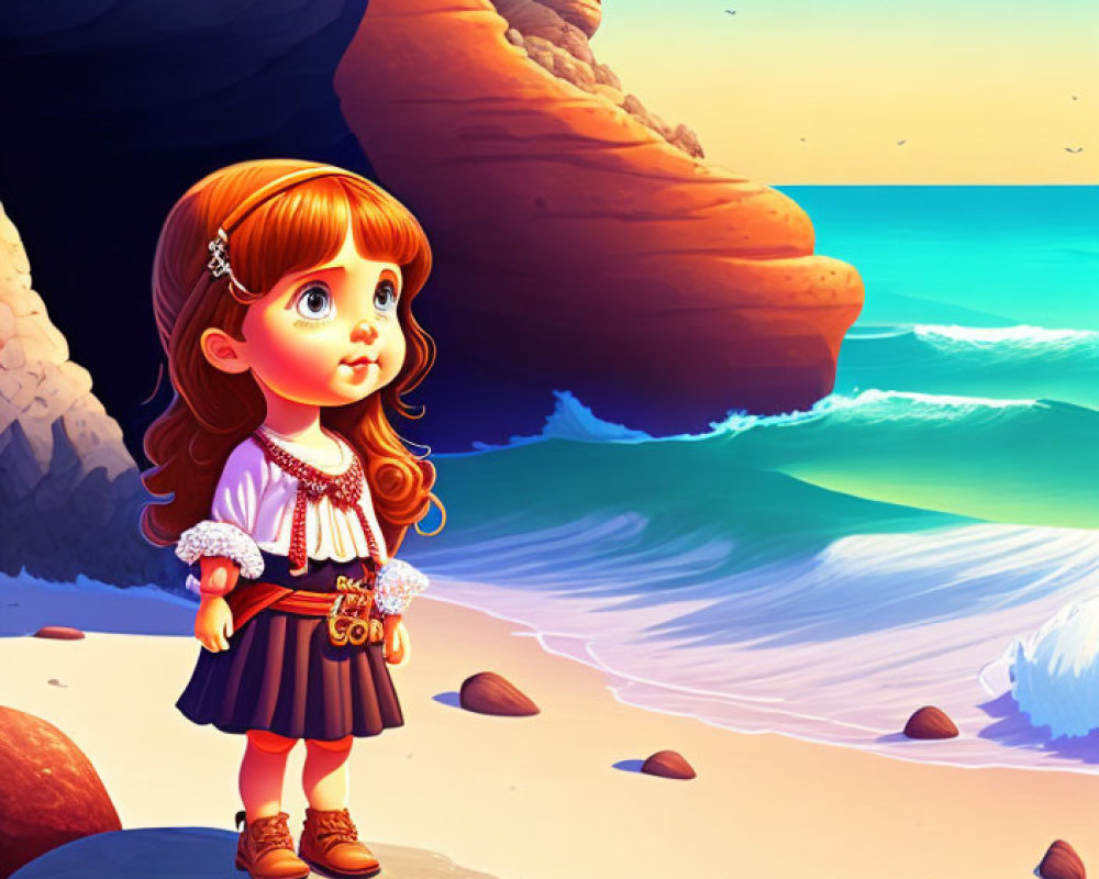 Red-haired animated girl on beach with lighthouse at sunset