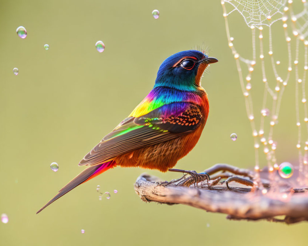 Colorful Bird Next to Dewy Spider Web on Green Background