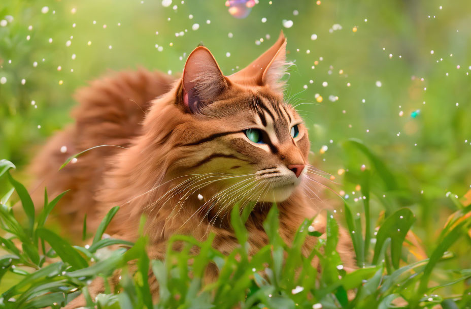 Orange Tabby Cat with Green Eyes in Lush Grass with White Speckles
